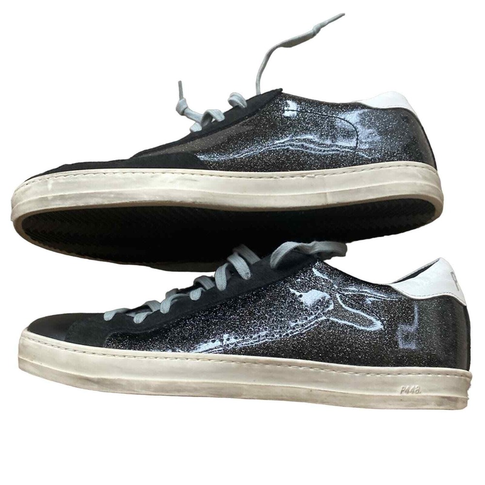 P448 Sneakers Black Leather and Glitter Sz 39-8.5/9 Glam Grunge Streetwear Chic